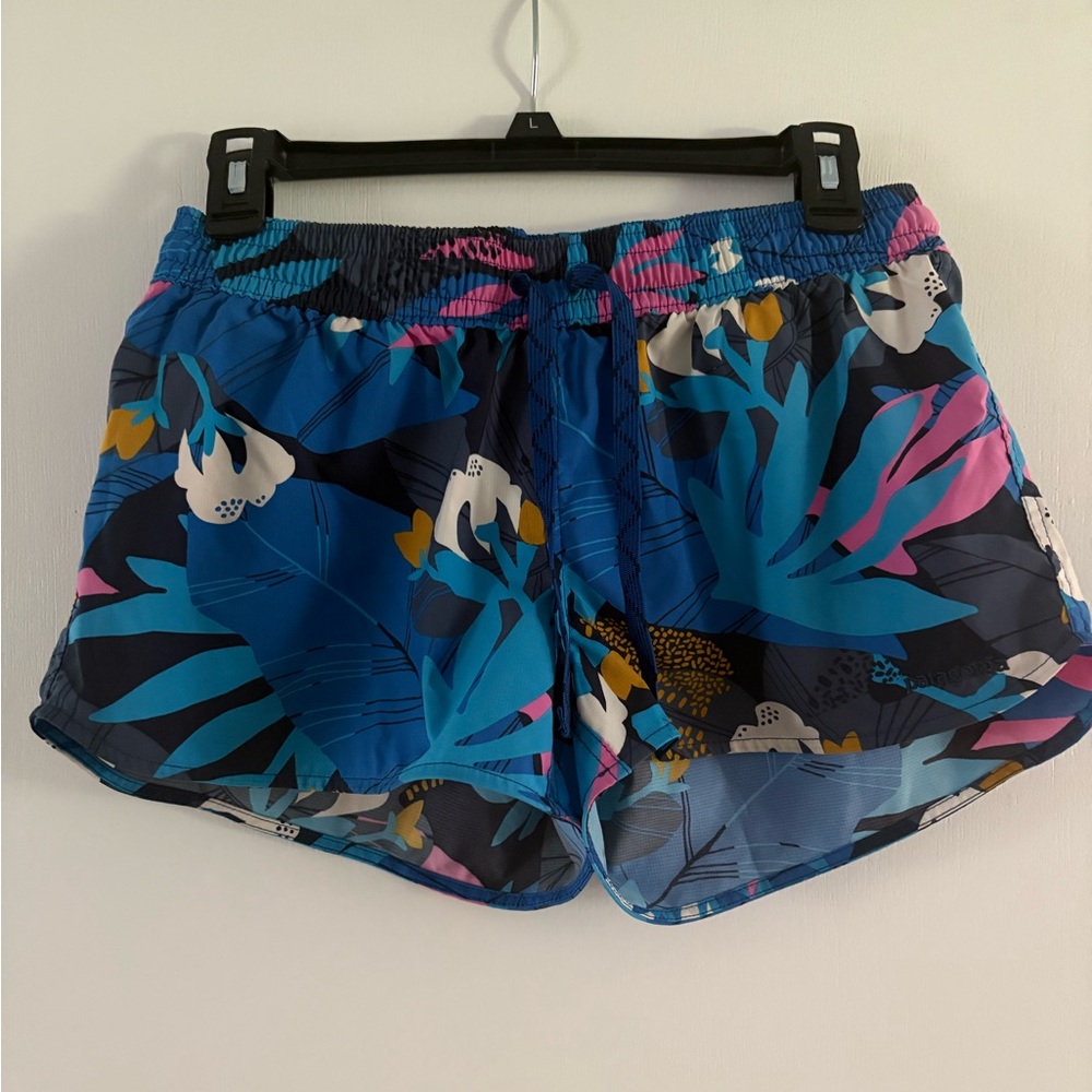 Patagonia Blue and Pink Athletic Shorts Vibrant Tropical Design